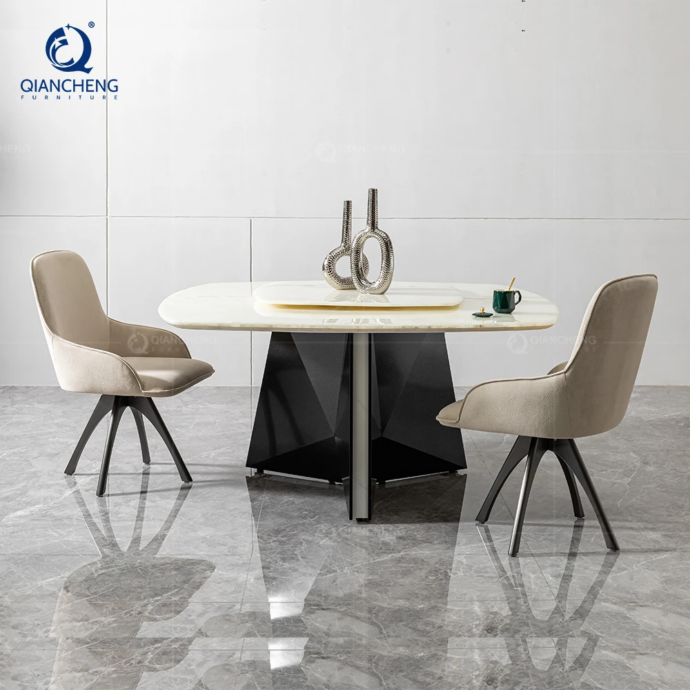 360° Turntable Two Layer Square Dining Table With Marble Rotating Centre Countertop Luxury New Design Black Stainless Steel Base