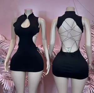 Viviblook Z1227DS01 Street New Sexy Hollow Out Backless Spliced Butterfly Metal Decorative Mini Party Dress for Women
