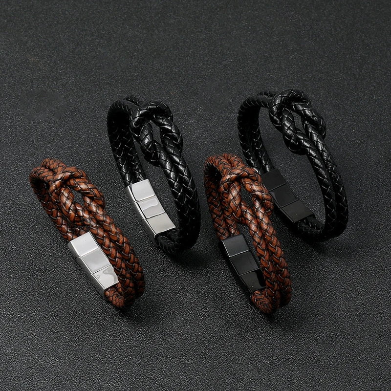 Stainless Steel Genuine leather Bracelet for Men Wristband Cuff Bangle Bracelets Magnetic Clasp 8.0-8.5 inches 