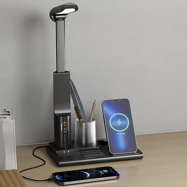 Desktop Table Lamp 15w Qi Fast Charging Station 3 in 1 Pen Holder Wireless Charger for Phone Watch Earphones