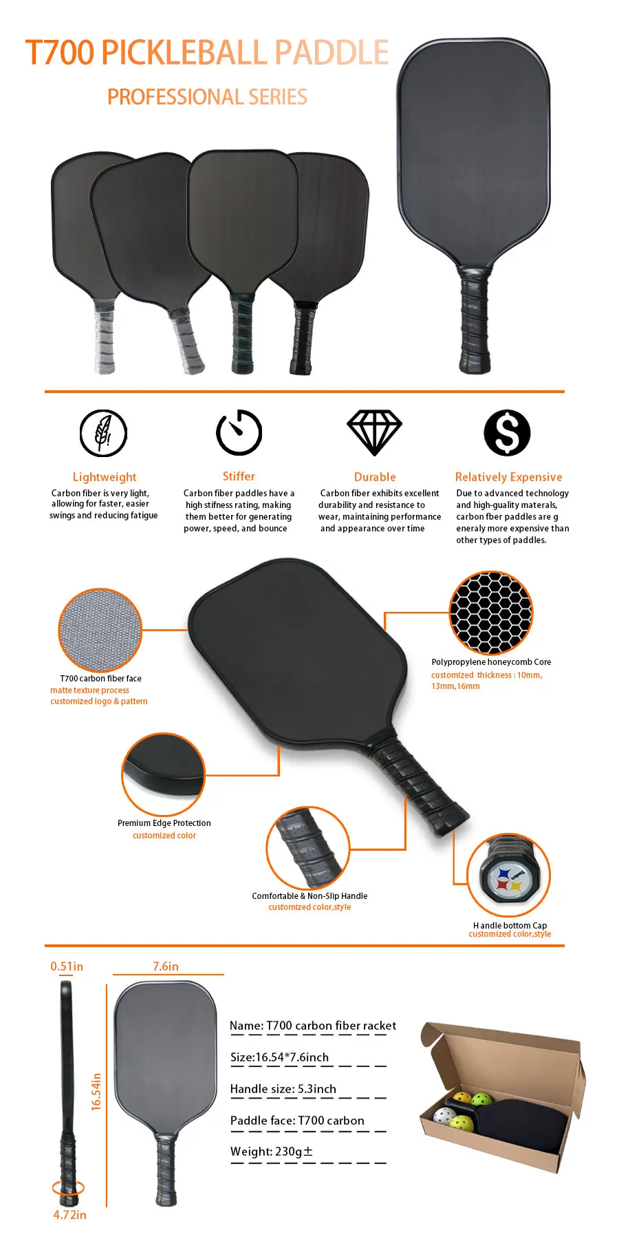 Best Pickleball Paddles 2023 Thermoformed T700 Raw Carbon Fiber High Level Pickleball Paddle