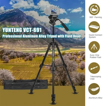 YUNTENG VCT-691 Portable Aluminum Alloy Video Tripod 4-Section Camera Tripod with Fluid Pan & Tilt Head Max Load 3kg detail image