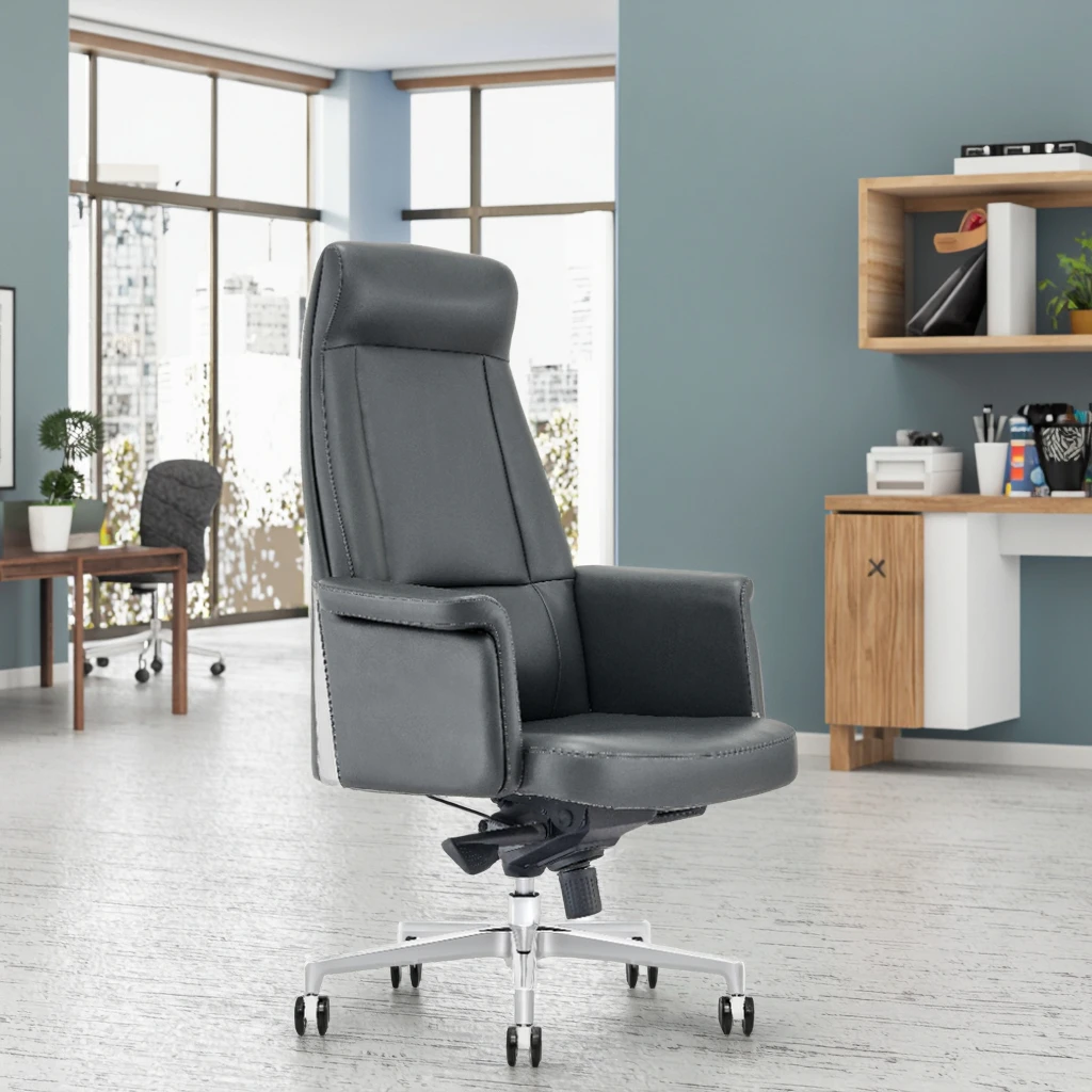 Top Grain Leather Executive Chair Frosted Alloy Base Quadruple Locking Mechanism High-End Decor 4