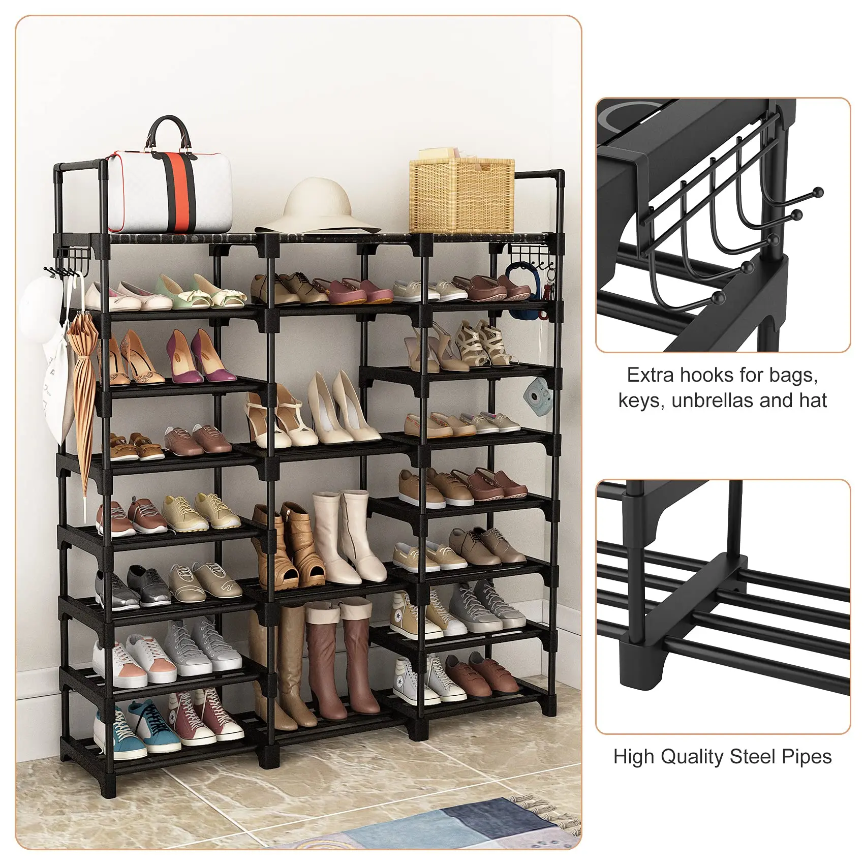 Multifunctional Free Standing Black Expandable Metal Shoe Racks