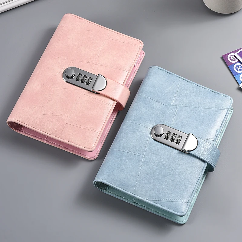 Custom Printing Leather Cover A6 Refillable Binder Budget Notebook Journals Planner Daily Diary with Combination Lock Workbook