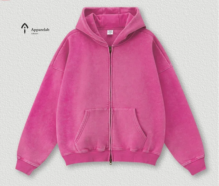 NAPTIME 2025 FALL & WINTER フーディー ピンク 2025 355GSM High End Hot Sale Cotton Fleece Washed Zip Hoodie