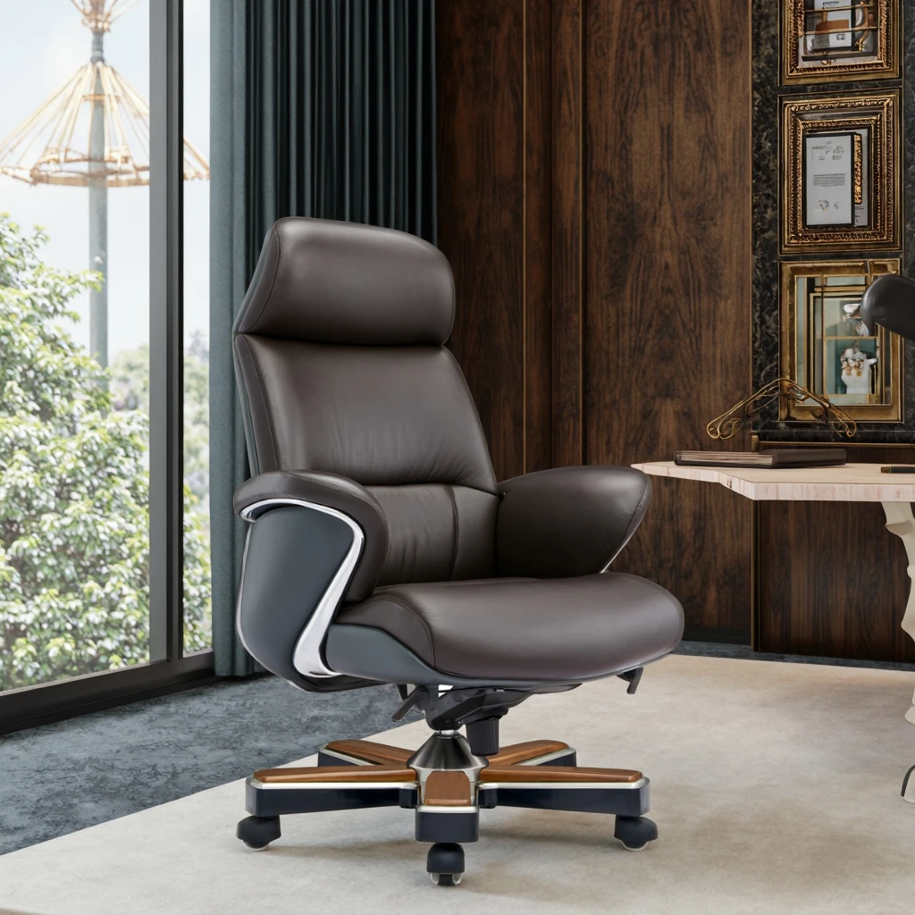 Luxury Modern Leather Executive Chair with Alloy & Wood Hybrid Structure Adjustable Height Nylon Wheels 3