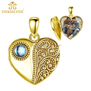 Wholesale 925 Sterling Silver Photo Locket Necklace Pendant Customised Heart & Moonstone Rhodium Plated Personalised Jewellery