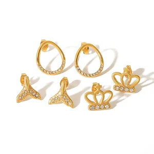 Chic Fishtail Crown 18K Gold Allergy-Resistant Earrings Fashionable Stainless Steel Chic Fishtail Crown Cute 18K Gold