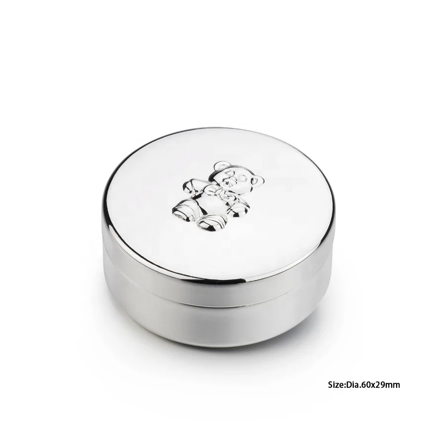 Elegant Design Metal Round Box Mini Teddy Bear Trinket Box Silver Bear Pattern Keepsake Box for Personalized Gift