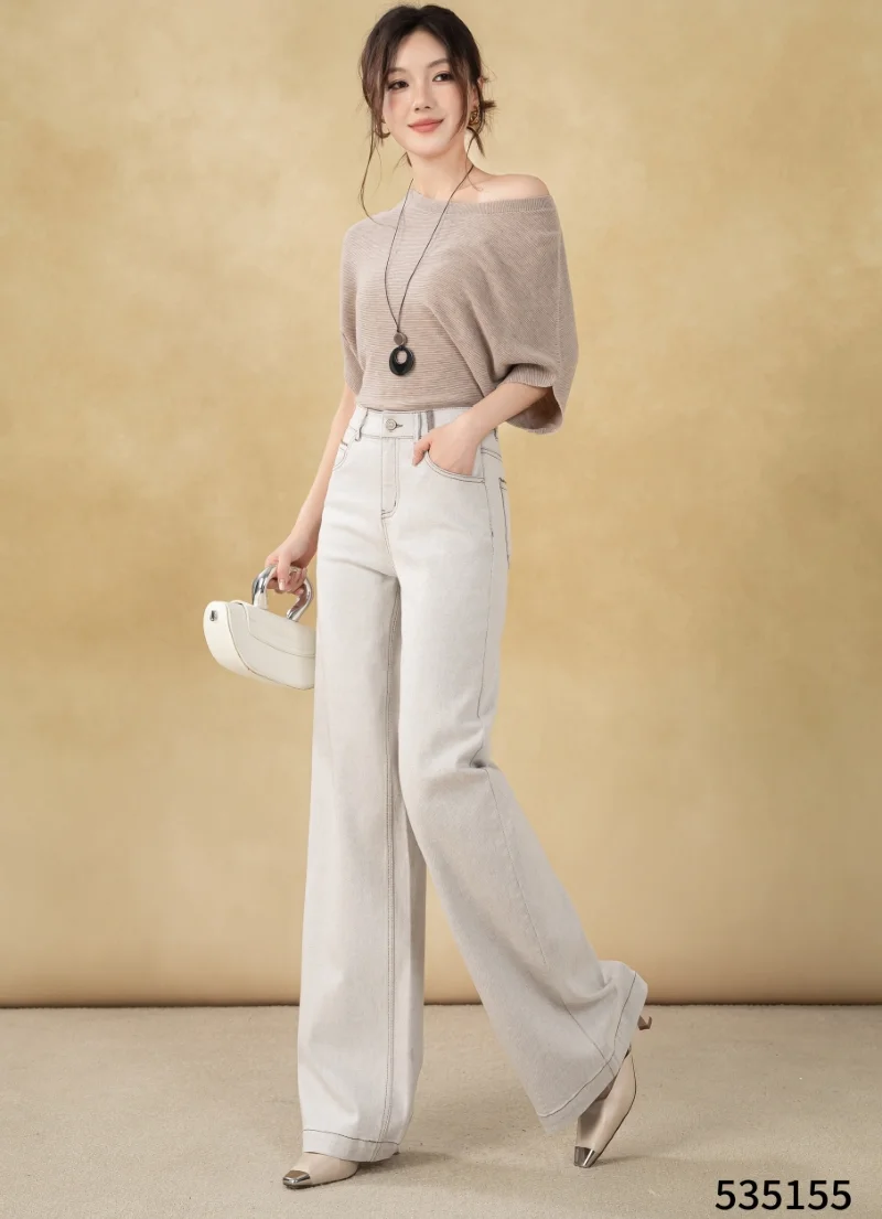 Women's Autumn Street Anti-Wrinkle Casual Jeans Wide Leg Flare Pants Long Sleeves Zipper Fly Solid Color Plain Dyed