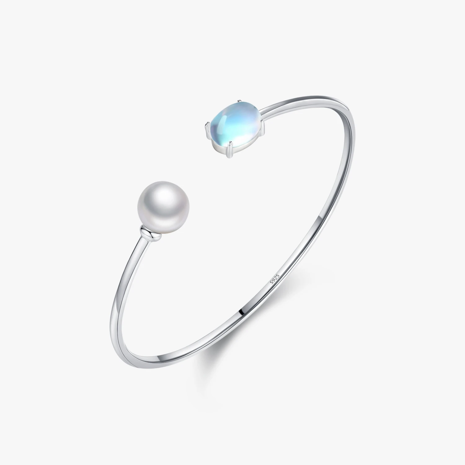 Solid 925 Sterling Silver Adjustable Delicate Crystal Pearl Moonstone  Adjustable Bracelet Bangle