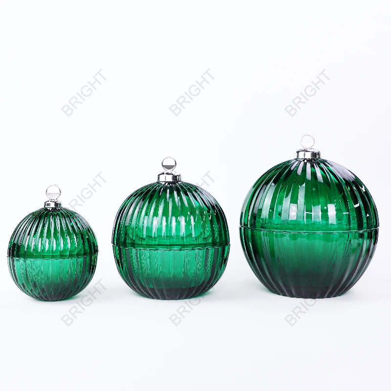Factory Wholesale Unique Different Design Glossy Candle Vessel Round Glass Ball Shape Christmas Candle Jars With Lid