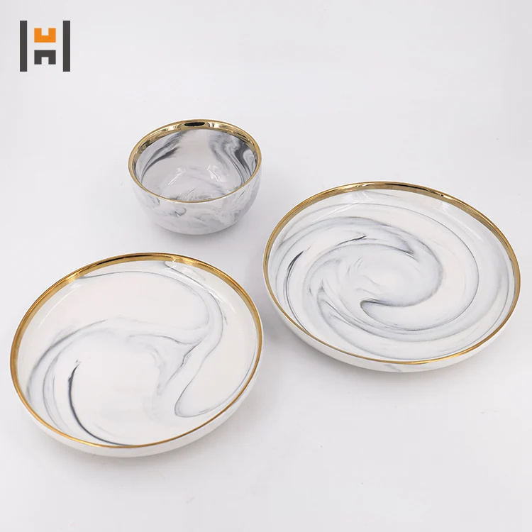 9pcs Porcelain Marble Dinner Sets With Gold Plated - Buy Porcelain ...