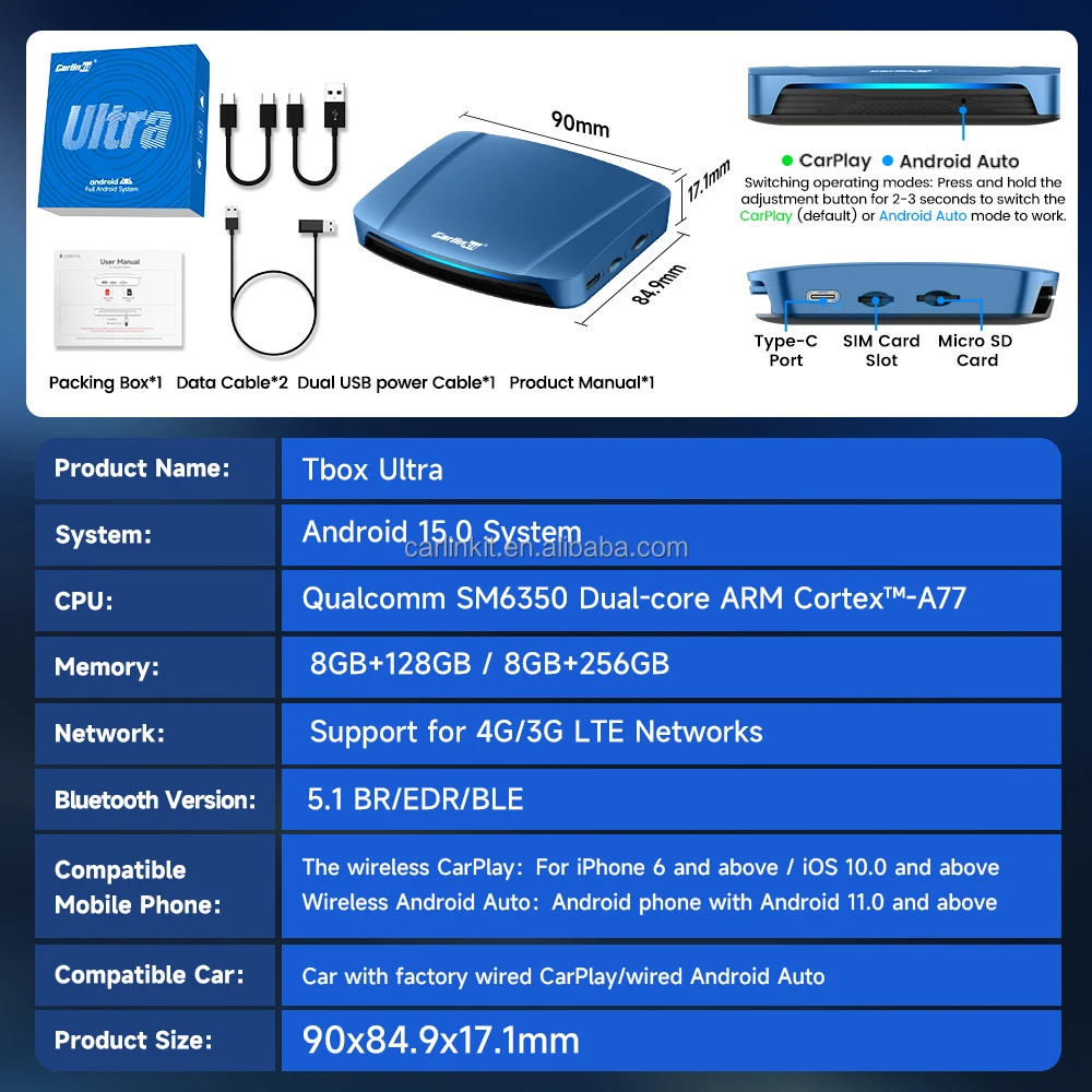 Carlinkit 8GB 256GB Tbox Ultra Wireless Carplay Adapter | Android