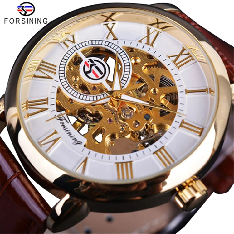 Forsining 3d logo design hollow engraving black gold case leather skeleton mechanical watches men luxury brand heren horloge on sale