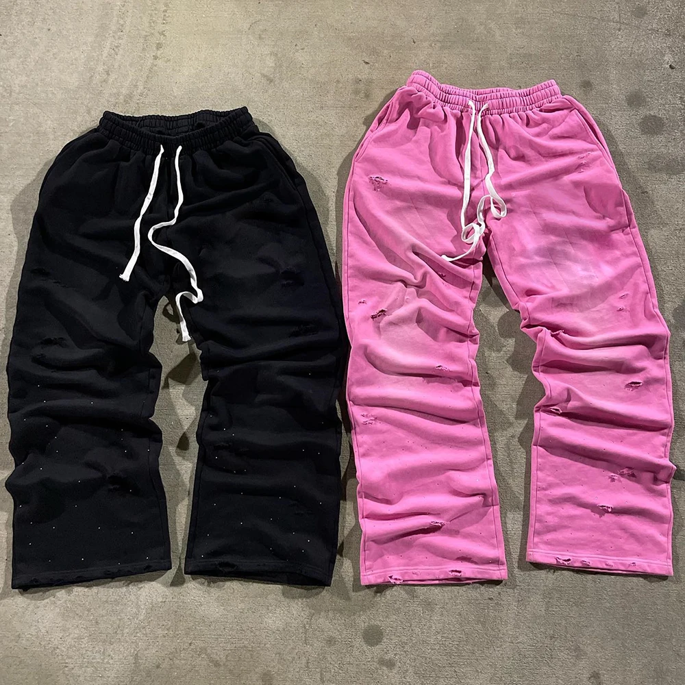 New Arrival Distressed Vintage Washed Track Jogger Pants Custom Rhinestone Men Heavyweight Cotton Wide Leg Sweatpants