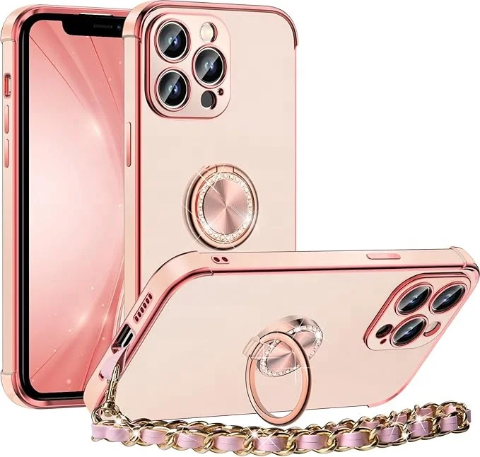 Laudtec Ring Holder Stand Luxury Bling Electroplated Phone Case for iPhone 16 Pro Cover  with Strap Cute Soft TPU Case