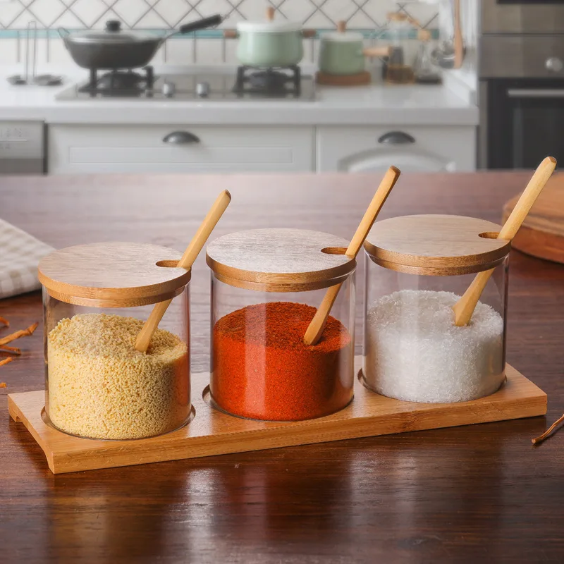 Set of 3 Glass Condiment Spice Jars With Bamboo Lids, Spoons and