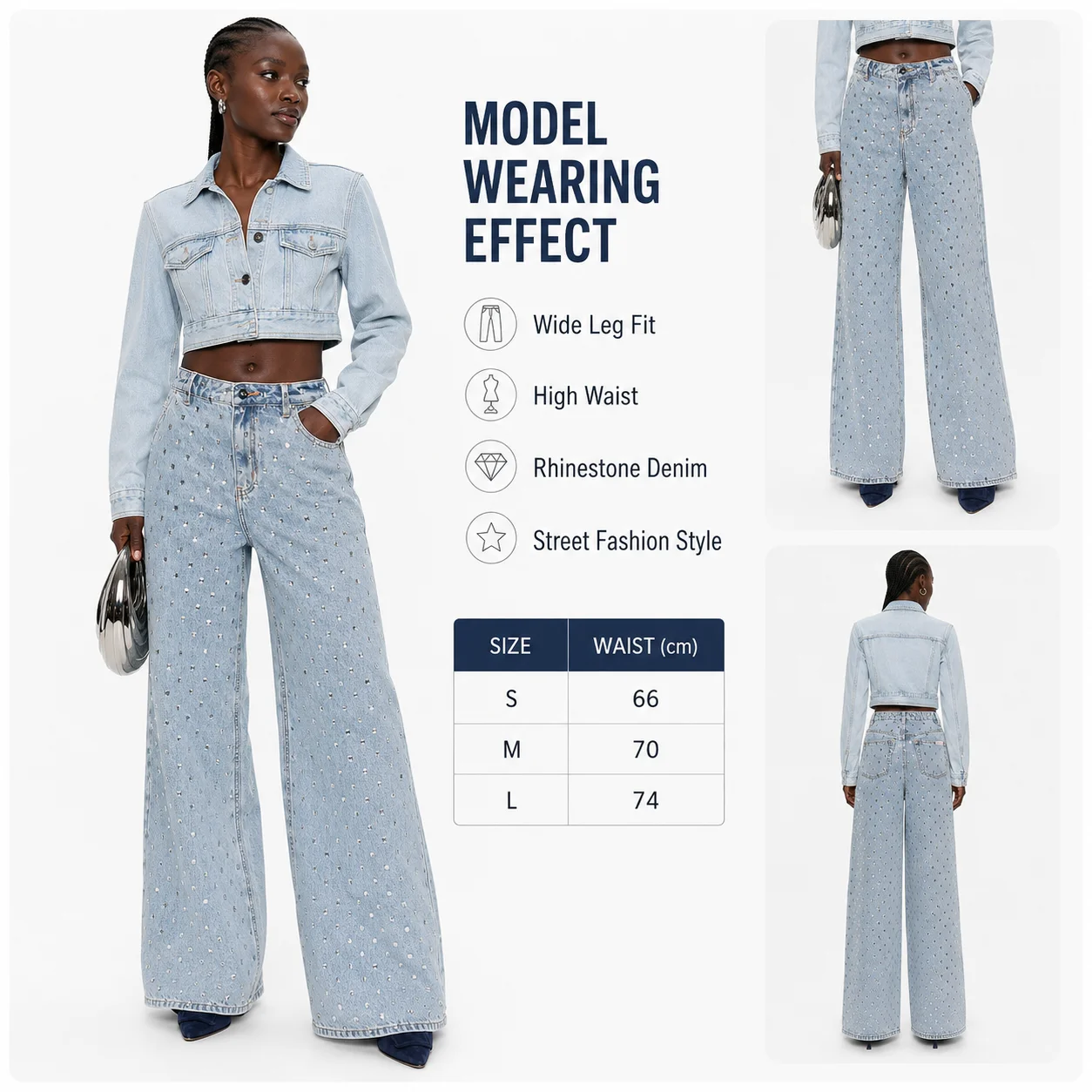 American Style New Design Hotfix Rhinestone High-Waisted Loose Wide-Leg Full-Length Quick Dry Spring High Street Jeans for