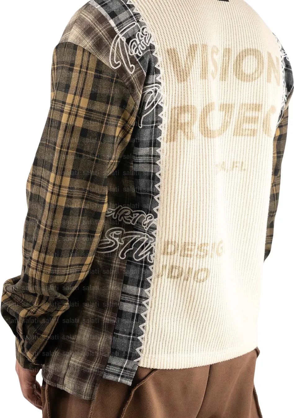 Salati Customize High Quality Patchwork Print Uneven Hem Boxy Fit Oversized Long Sleeve Knitted Sweater Plaid Flannel Shirts Men gallery 3