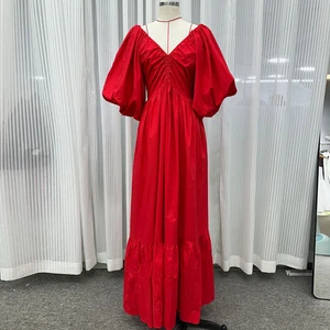 AELESEEN Elegant Solid Midi Dress Wome Short Puff Sleeves V - Neck Ruched Bodice and Ruffled Hem High Waist for Summer Party