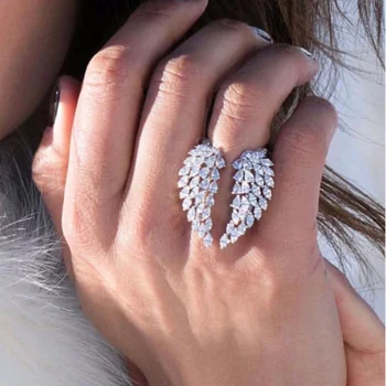 CAOSHI Personality 925 Silver Plated Micro Paved Zircon Diamond Adjustable Feather Angel Wing Rings Women