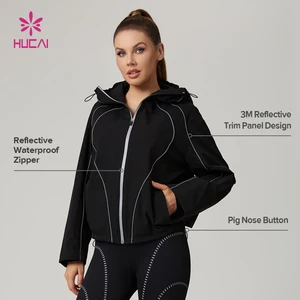 HUCAI Custom 3M Reflective Trim Panel Design Waterproof Zipper Graphene Printed Corduroy Hiking Workout Outdoor Jacket Women