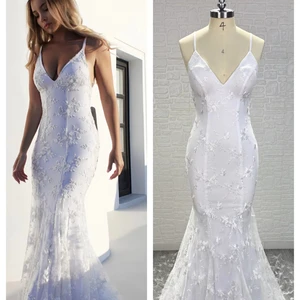 European Sexy V - Neck Spaghetti Strap Backless Lace Fashion Wedding Dress