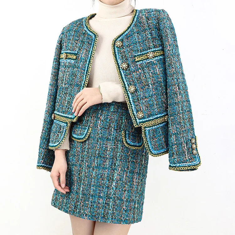 Factory price heavy woven women's jacket set high-waisted tweed two-piece women set