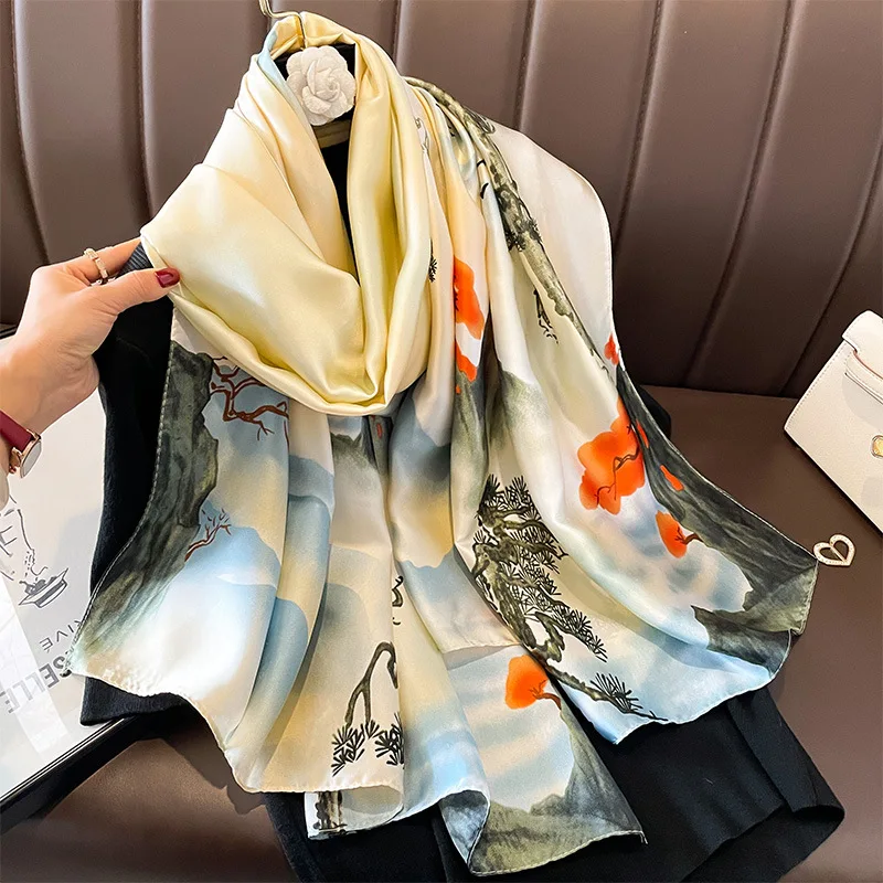 Hot Sell New Design Soft Long Floral Printed Silk Shawls Scarves Women  Elegant Flower Print Silk Polyester Scarf Large Hijabs