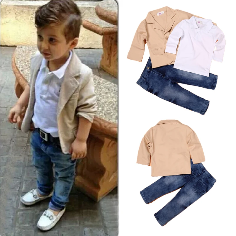 3 Pcs Long Sleeve Baby Boy Suit Set White Shirt + Jacket + Jeans Sets