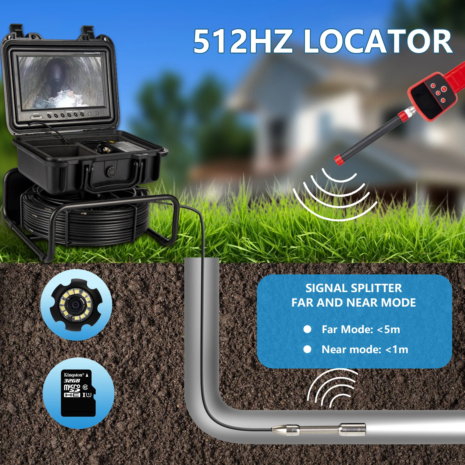 Sewer Pipe Camera 1080P Endoscope 512Hz Self Leveling Industrial 23 mm Head Drain Pipe Inspection Sewer Camera