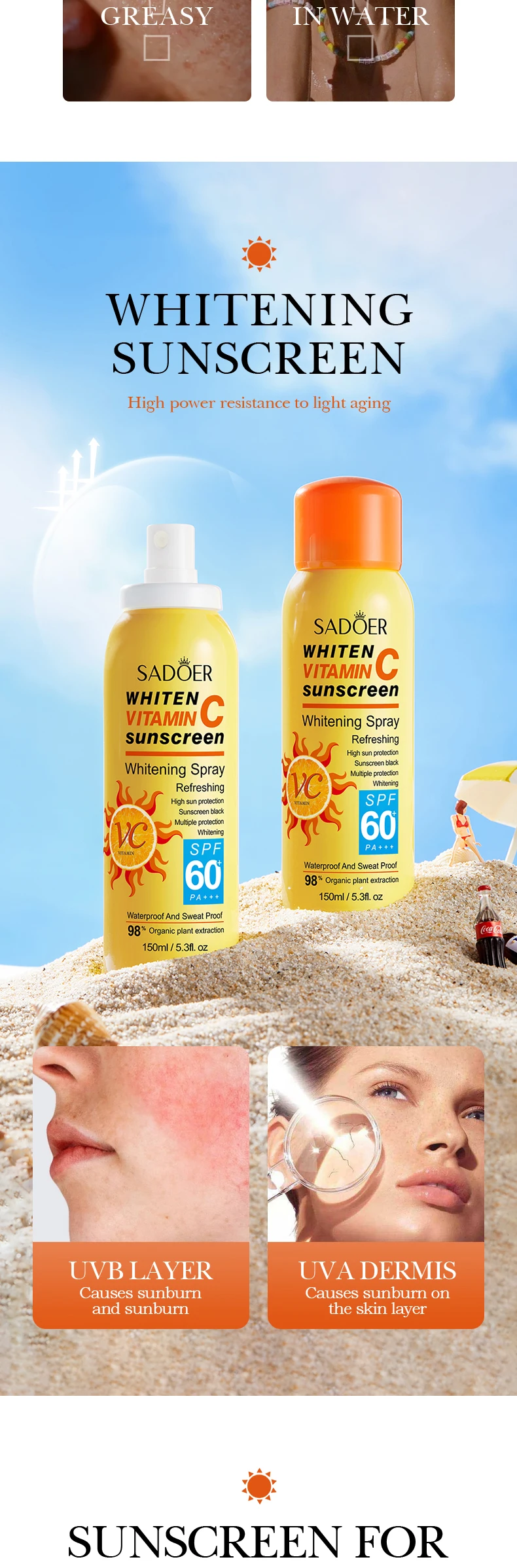 Oem Odm Sadoer Skin Care Moisturizing Whitening Mist Spray Sun Cream