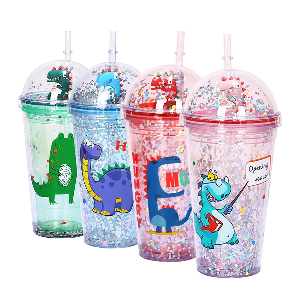 Little Dinosaur Design Custom Logo Plastic Tumbler AS Plastic Reusable Cups Glitter Tumbler With Lids and Straw