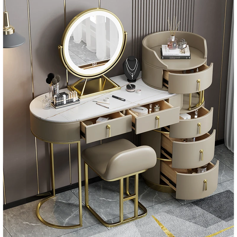 Conjunto de mesa de maquiagem com 6 gavetas, penteadeira moderna espelho de  luzes LED de 3 cores, mesa de maquiagem com banco acolchoado e armário de  armazenamento, para quarto de meninas e