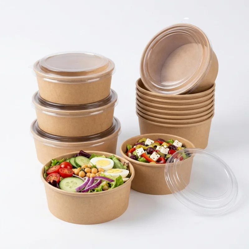 Hot Selling High Quality Food Grade White Kraft Paper Salad Bowl with Lid 500ml 750ml 1000ml 1100ml 1500ml for Food Takeaway