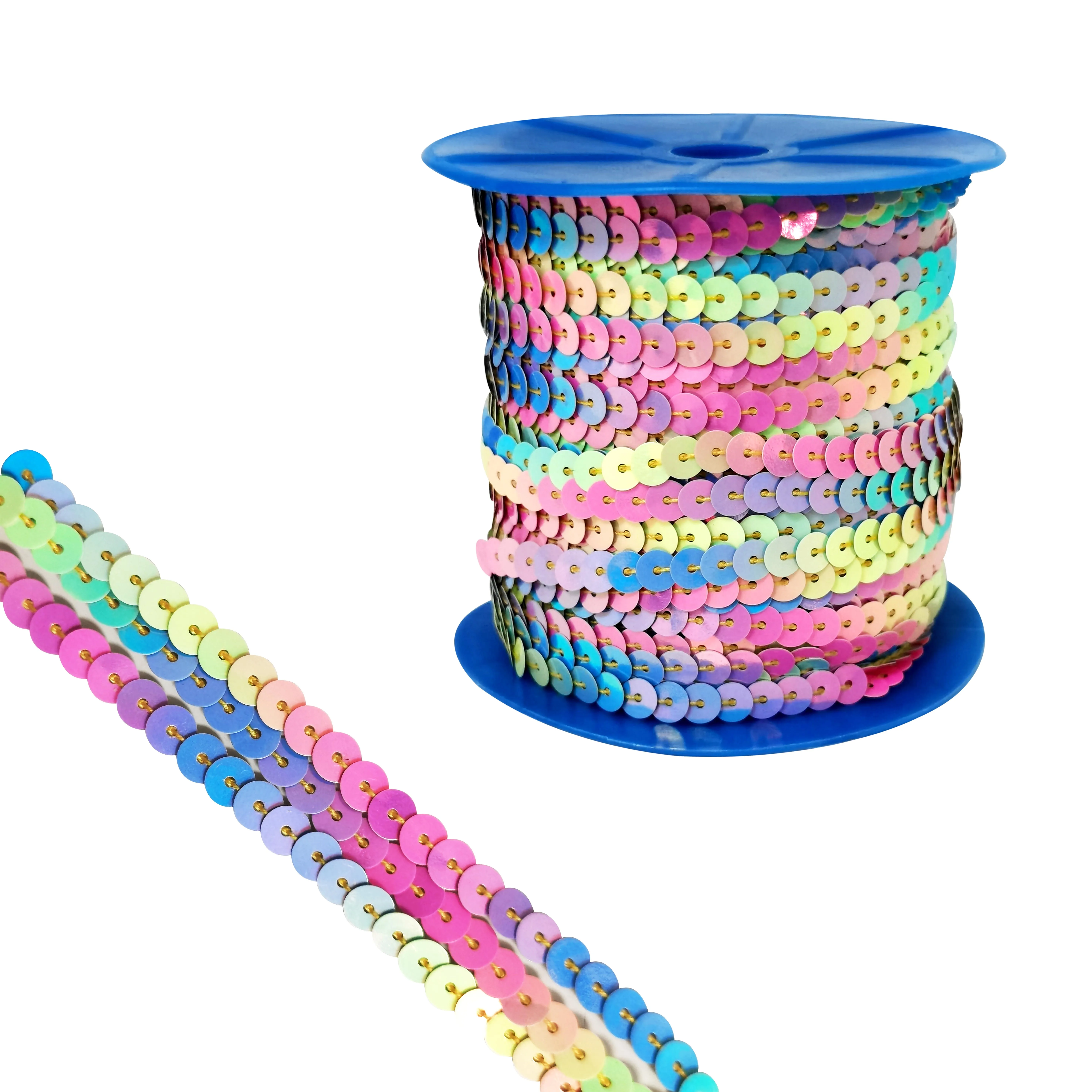 6mm Flat Iridescent Sequins Round String Line Shiny PET Spangle Sequins Tape for Stage Garment