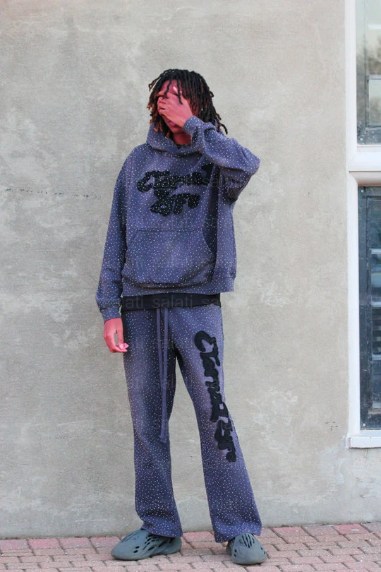 Custom Fleece 500 GSM Pull Over Faded Distressed Applique Embroidery Acid Wash Hoddies Sweatshirt Unisex Rhinestone Hoodies Mens gallery 3