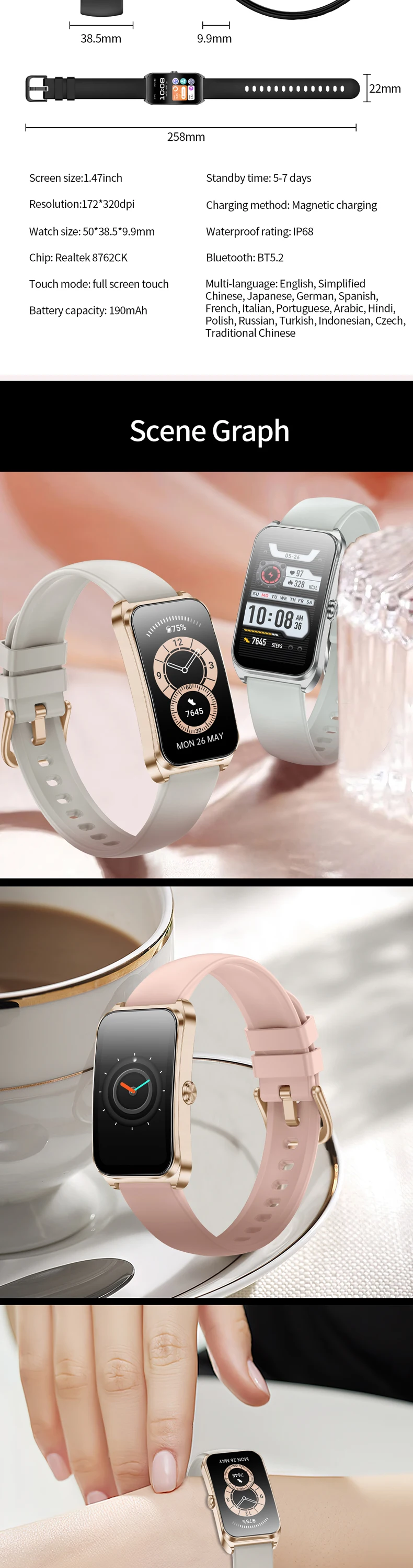 product km98 smart watch ladys fitness smart bracelet 147 inch screen vp60 heart rate gloryfit smartwatch women-10