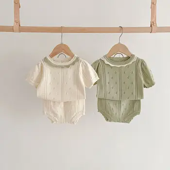 Baby openwork knitted short-sleeved shorts set 2023 fall new girl baby foreign two-piece set