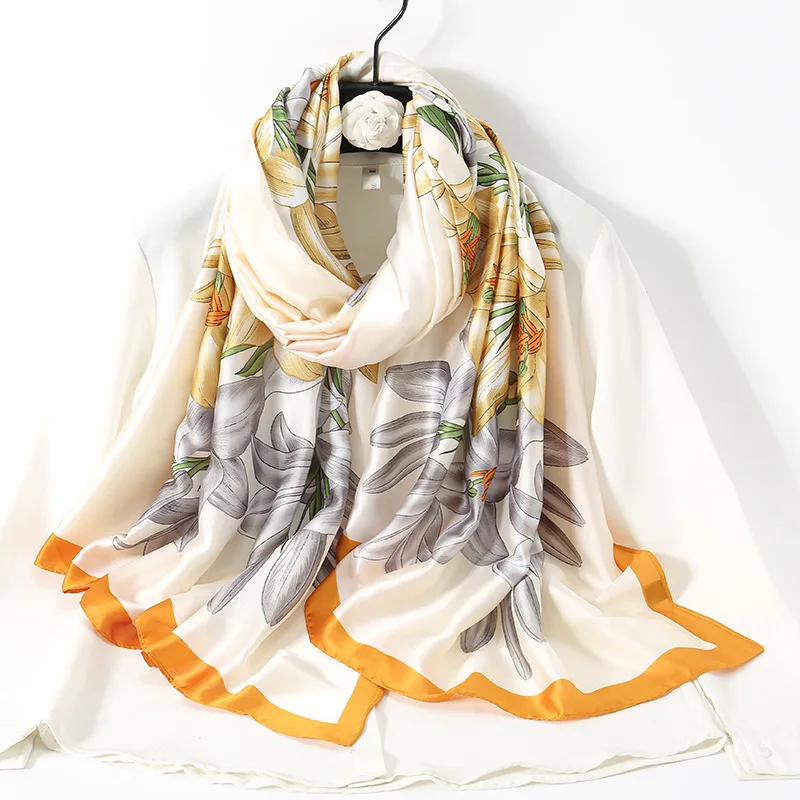 Ladies Elegant Lightweight Thin Long Scarf Popular Lily Print Sun  Protection Breathable Silk Shawl for Women