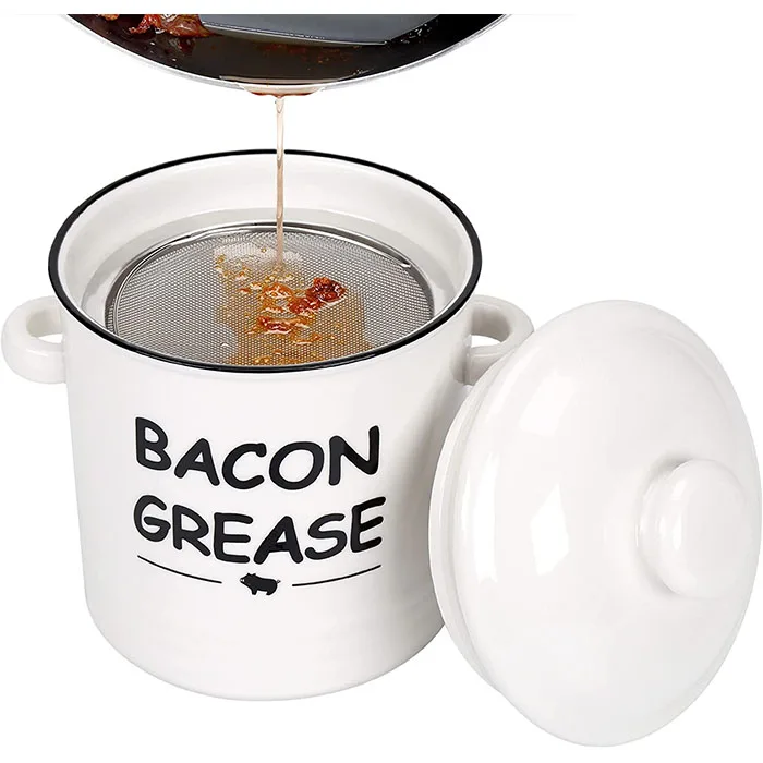 Ceramic Bacon Grease Container With Strainer Or Bacon Fat Can For