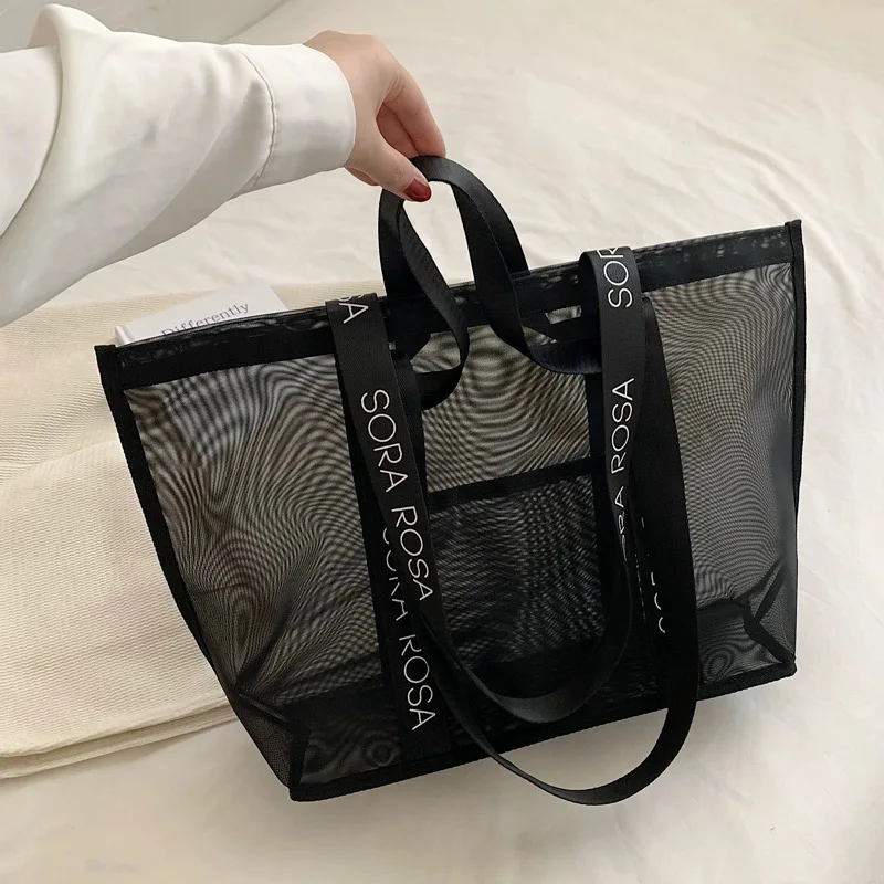 New Product Fashion Reusable Nylon Large Mesh Tote Bag With Custom LOGO Mesh Shopping Bag For Beach Travel
