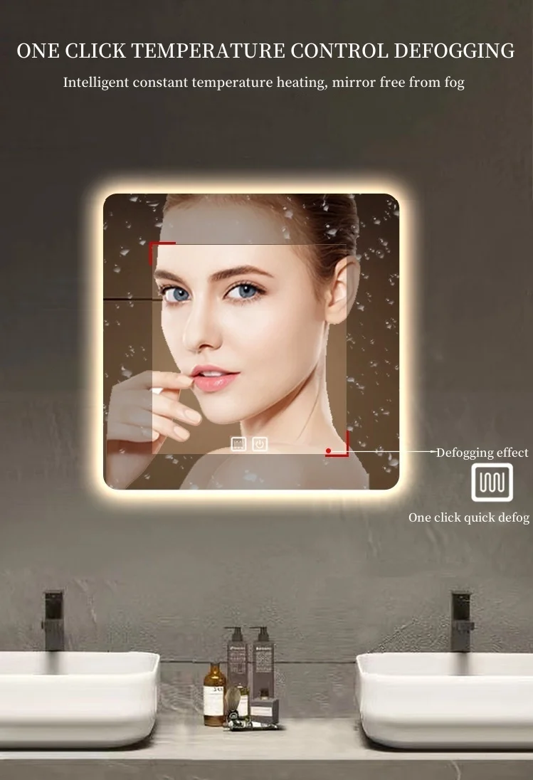 Square smart mirror Bathroom wall mounted LED Intelligent defogging mirror Human sensing touch screen bathroom mirror manufacture