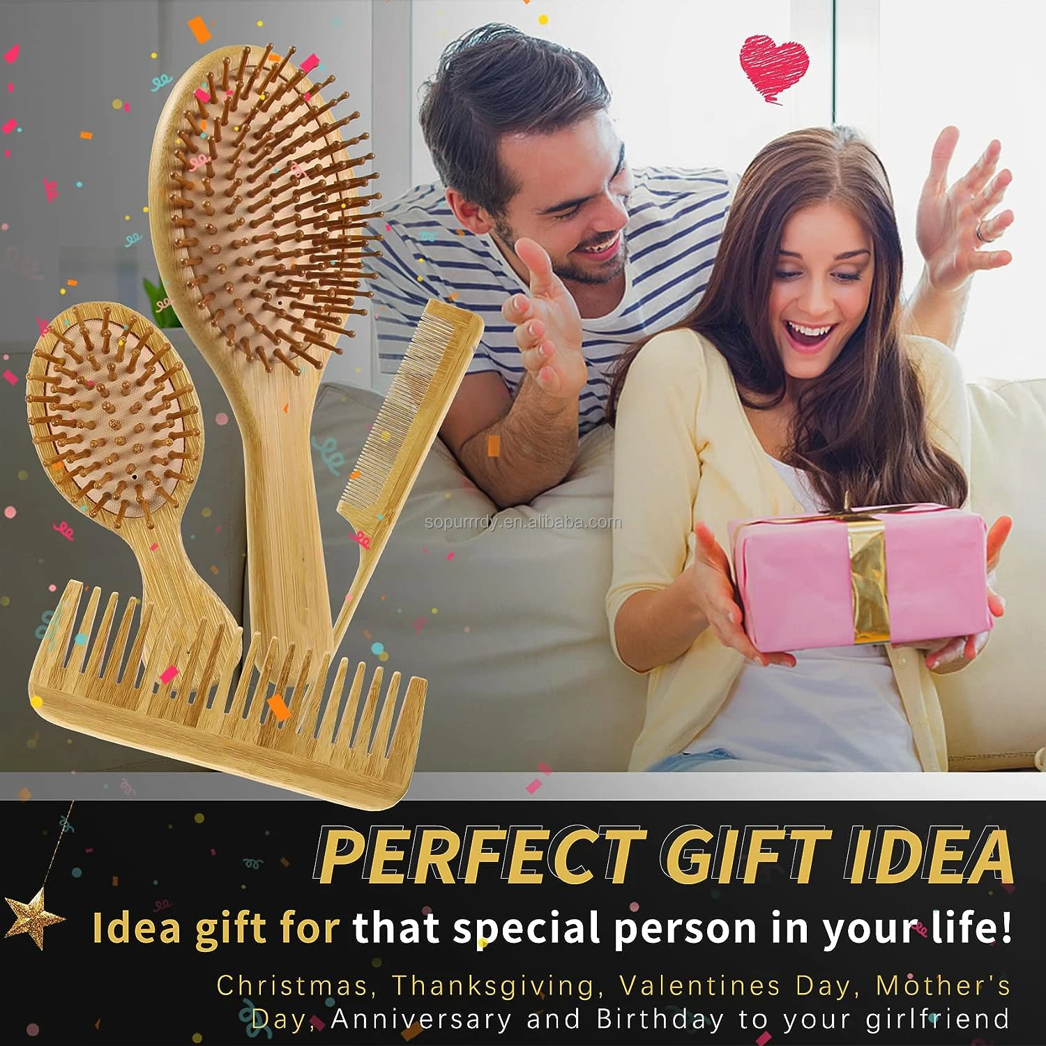 Wide Tooth Scalp Natural Custom Logo Bamboo Wood Bristle Round Detangler Hair Brush Self-Cleaning Massage Hairbrush and Comb Set