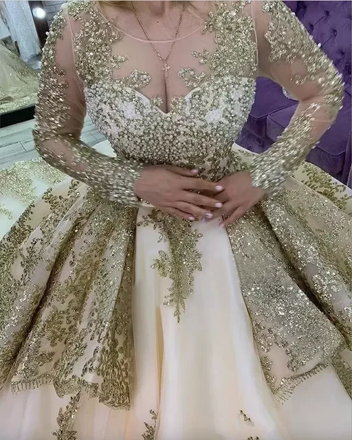 Mumuleo Princess Gold Quinceanera Dresses Long Sleeves Applique Beading Sweet 16 Dress Pageant Gowns vestidos de 15 anos