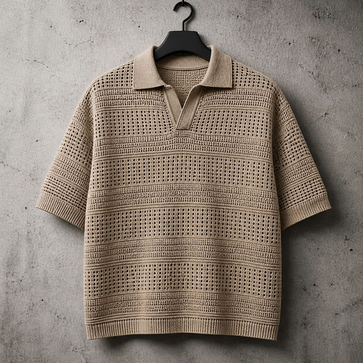 Custom Mens Hollow Knit Top Beige Short Sleeve Textured Openwork Loose Fit Retro Casual OEM Supplier Men Polo Shirts