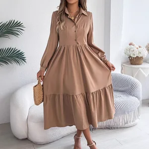 Women's Casual Long Sleeve Ruffled Dress for Autumn Winter Maxi Length Breathable Knitting Fabric Printed Pattern