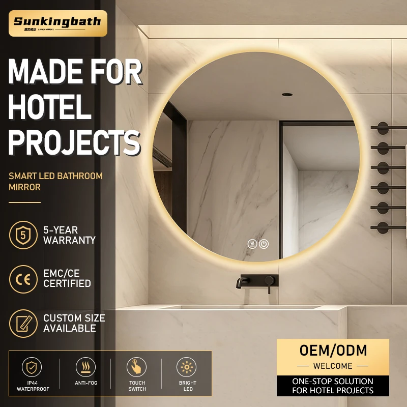 Round Frameless Led Mirror Anti-Fog Backlit Wall Circle Illuminated Smart Mirror 3 Color Bathroom Mirror with Battery Lights